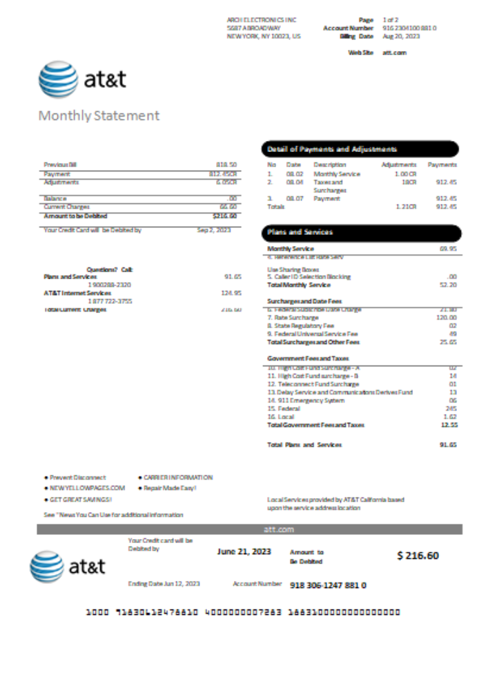 Texas AT&T telecommunications utility business bill,  page 1, SCR PSD template